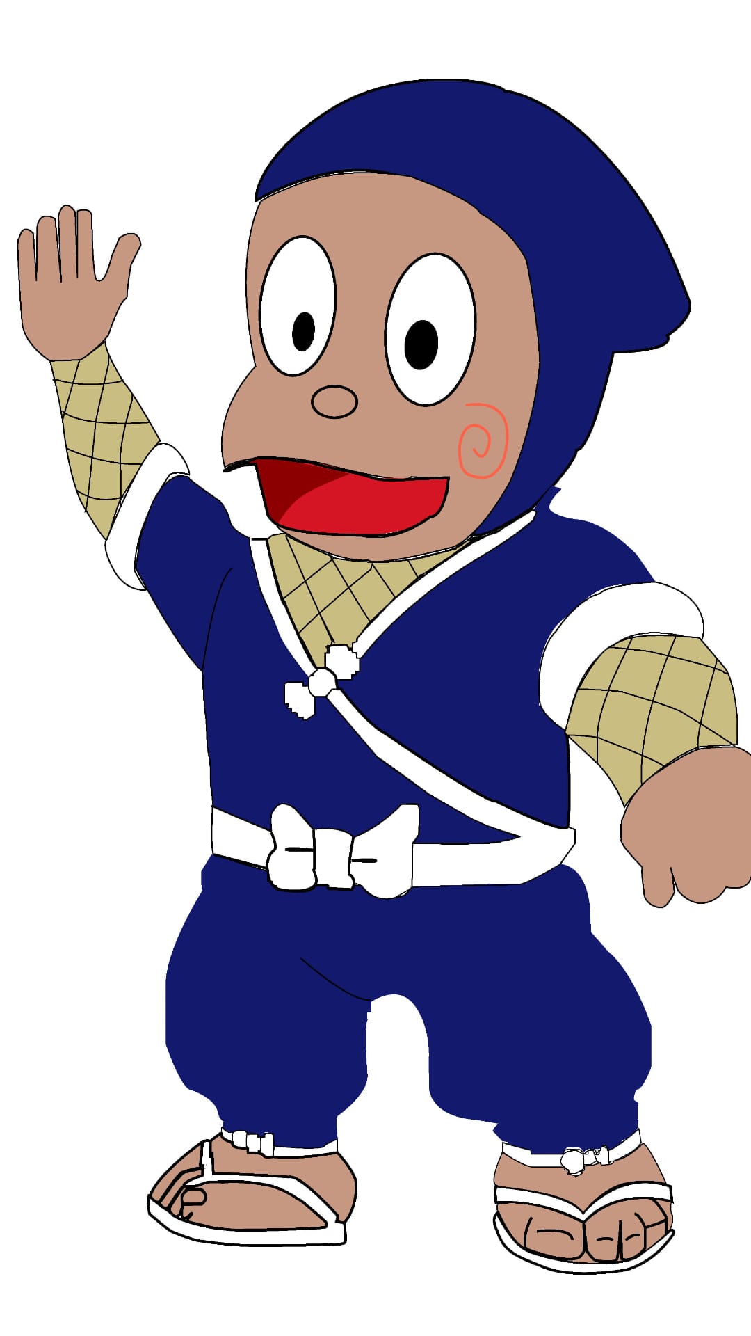 Small blue ninja with a white belt waves hello with wide eyes and a happy expression on a plain background.