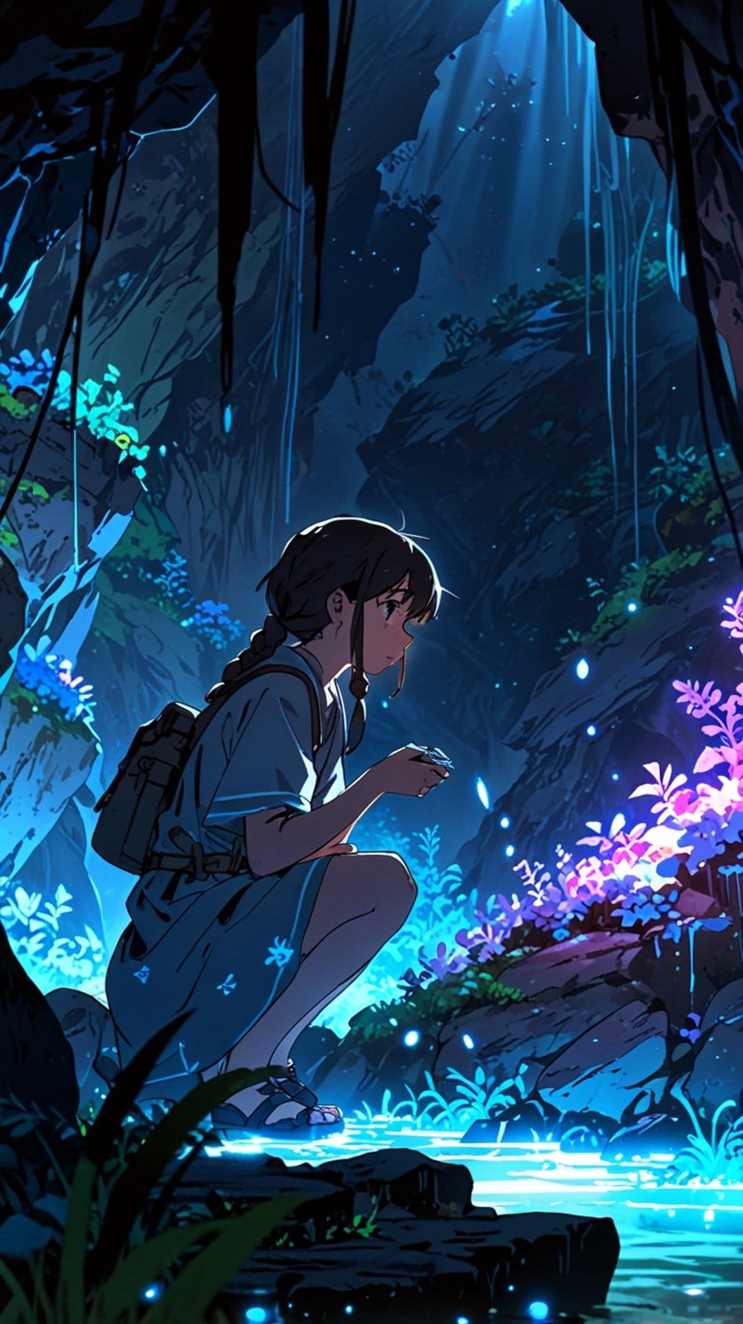 Young girl with braided hair crouches beside a glowing stream inside a dark cavern filled with blue flowers.