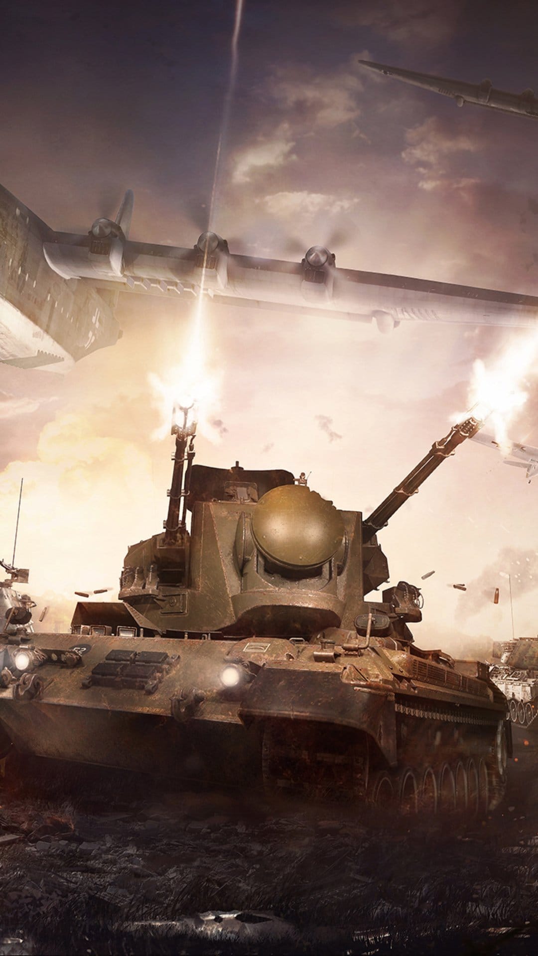 An armored anti-aircraft tank firing dual cannons at massive transport aircraft in a smoky, orange-tinted sky.
