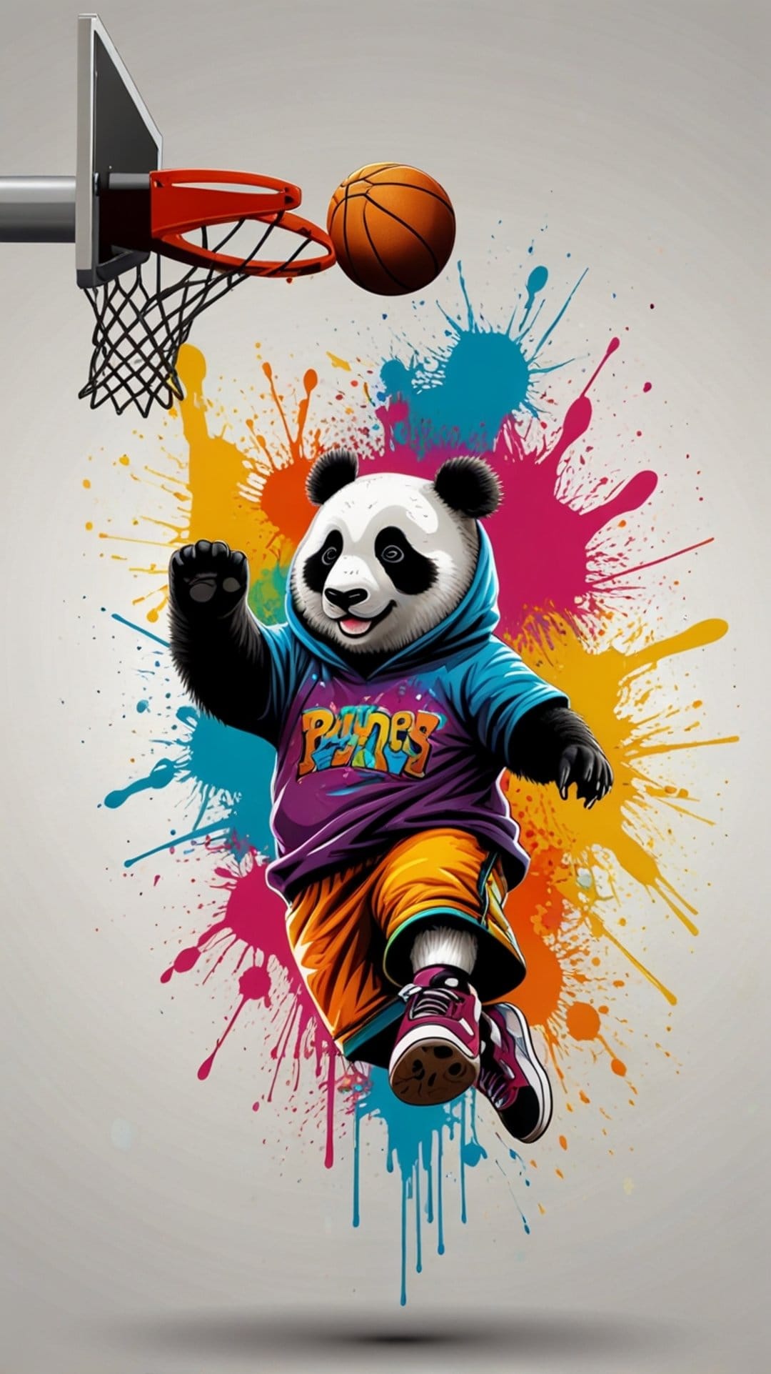 Panda in a blue hoodie and orange shorts dunks a basketball among vibrant yellow and pink paint splatters.