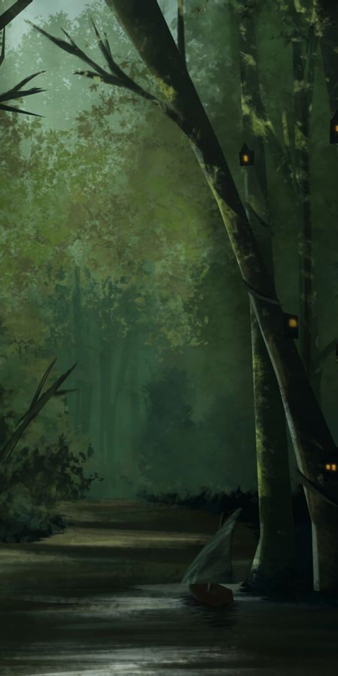 Small wooden boat on a calm marsh flanked by tall trees with glowing windows and lanterns in a misty forest.