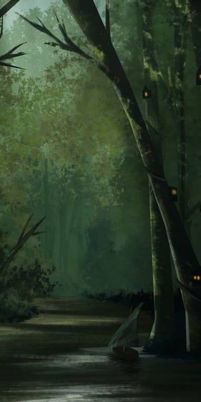 Fantasy art, enchanted forest, mystical, digital painting, serene, magical, swamp, glowing lights, tree houses, boat, nature, mystery, tranquil, ethereal, dreamlike, adventure, green, calm, lush, imaginative.