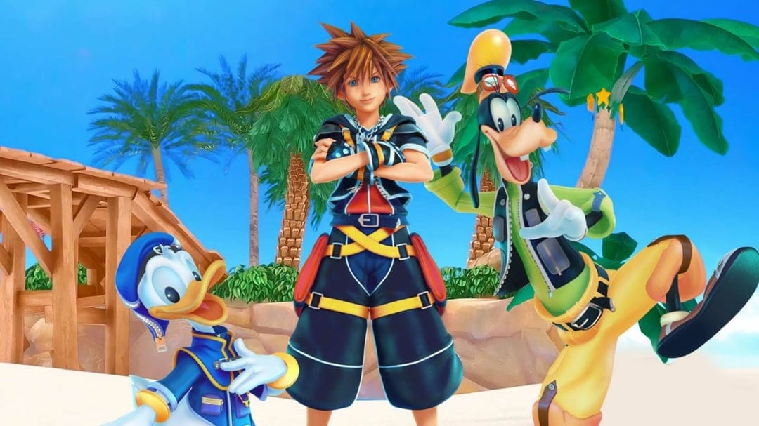 Sora Donald Duck and Goofy pose confidently on a sunny tropical beach with palm trees and a wooden hut.