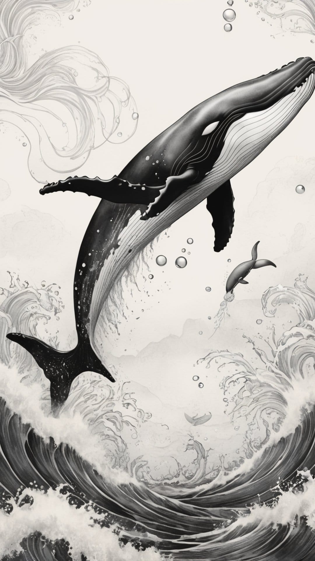 A large whale breaching from churning waves with white spray and bubbles against a dark, moody background.