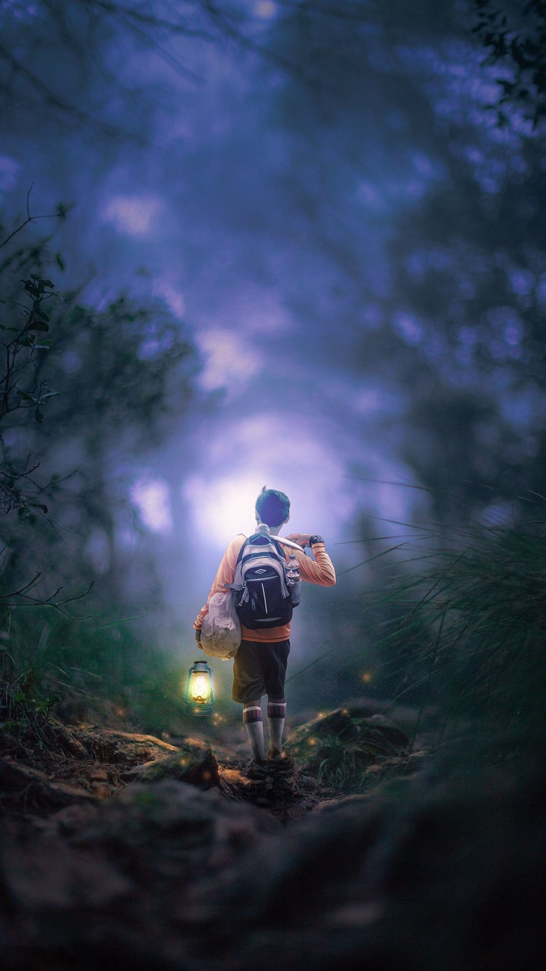 Adventurer with a backpack and glowing lantern walks along a dark forest path lit by blue and purple luminescence.