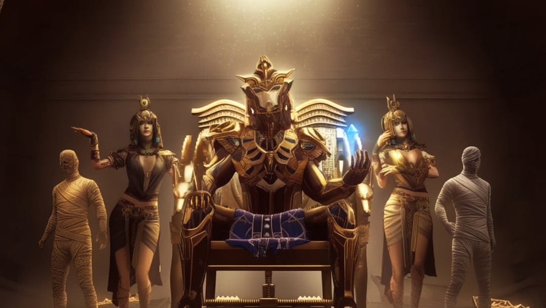 Golden pharaoh with an Anubis headdress sits on a throne flanked by two women and two mummies in a dark tomb.