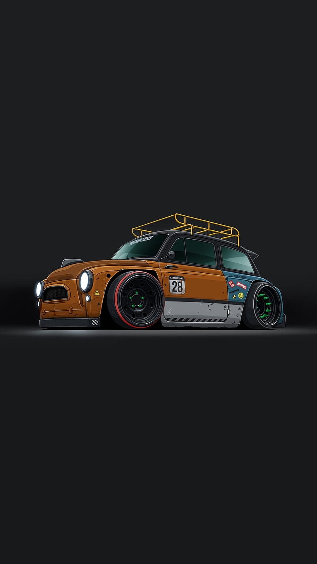 Brown and blue vintage car with number 28 decals, lowered suspension, and a yellow roof rack on wide tires.