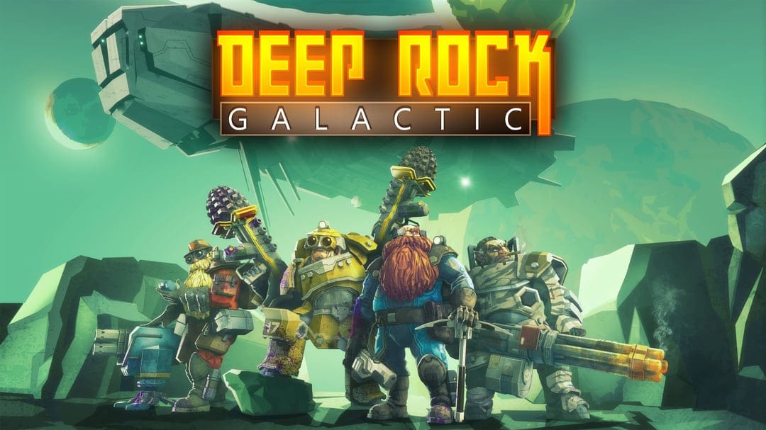 Deep Rock Galactic dwarves with mining tools and weapons stand before a spaceship on a green misty planet.