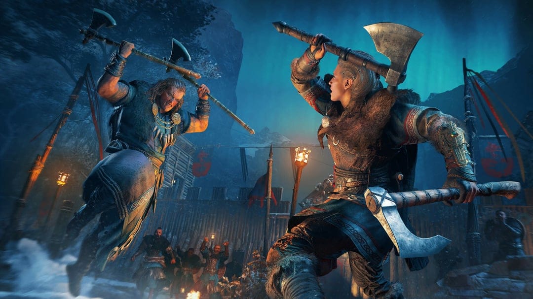 Two Viking warriors clash with axes in a snowy camp under blue moonlight and warm orange torchlight.