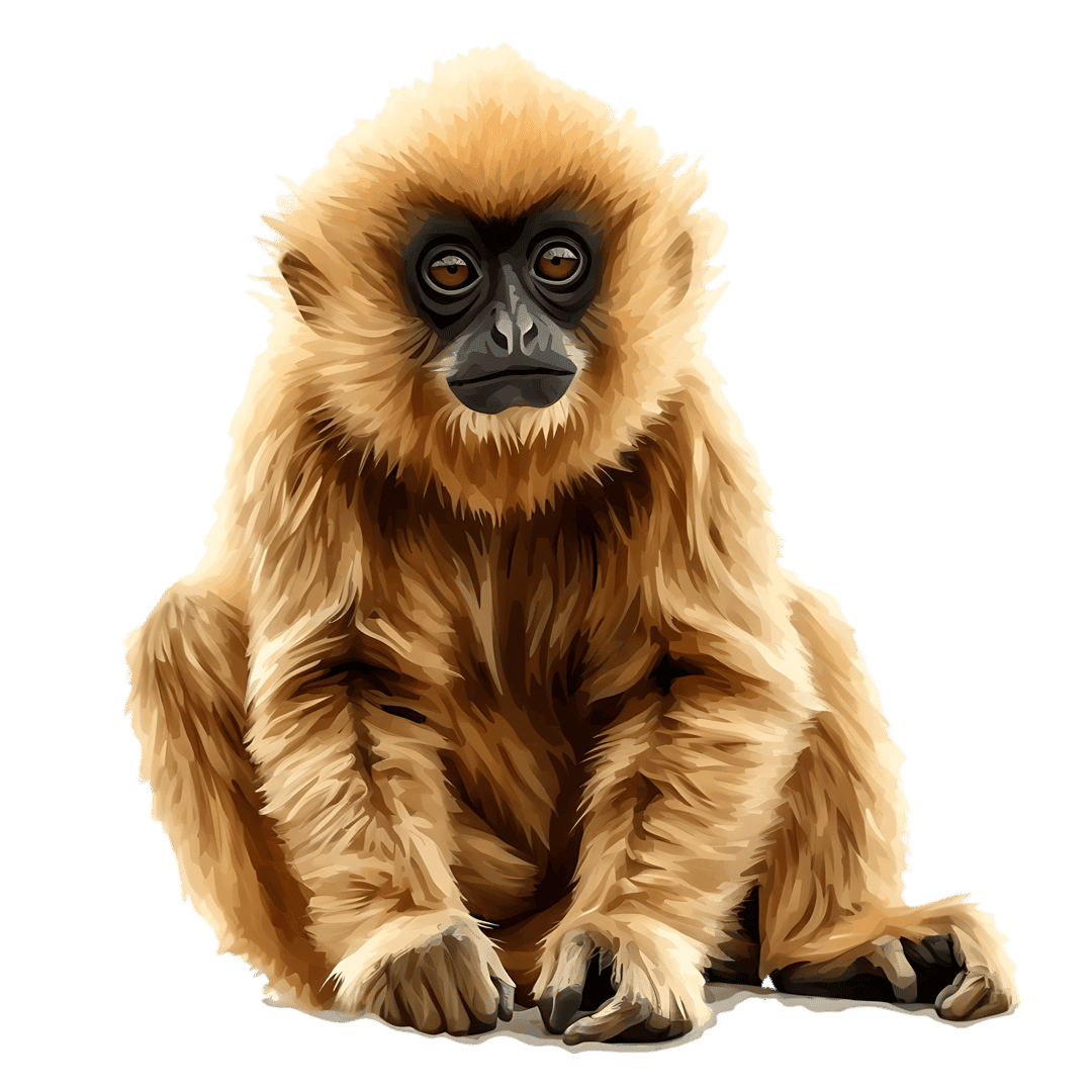 Gibbon primate sitting with light brown fluffy fur and dark facial features against a solid black background.