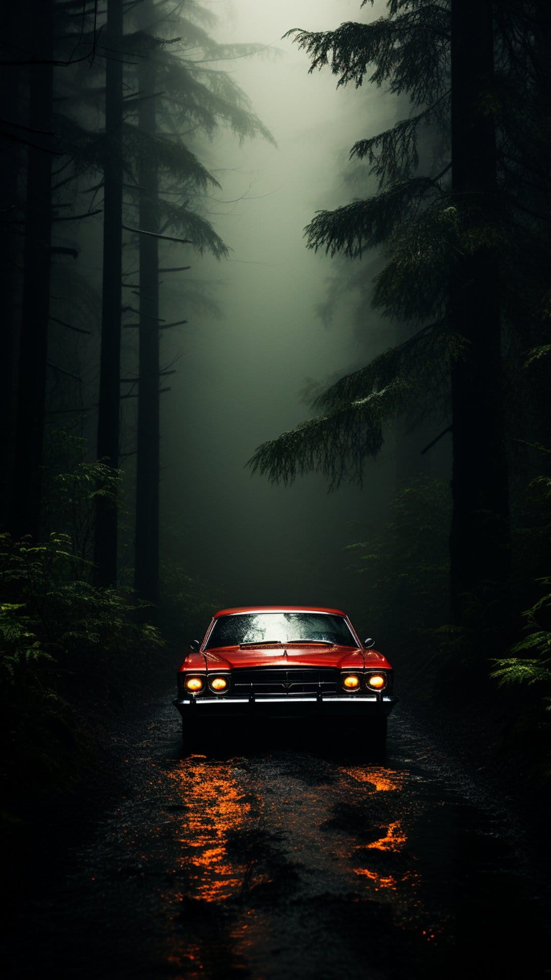 Red vintage car with glowing headlights drives on a wet forest road surrounded by misty pine trees at night.