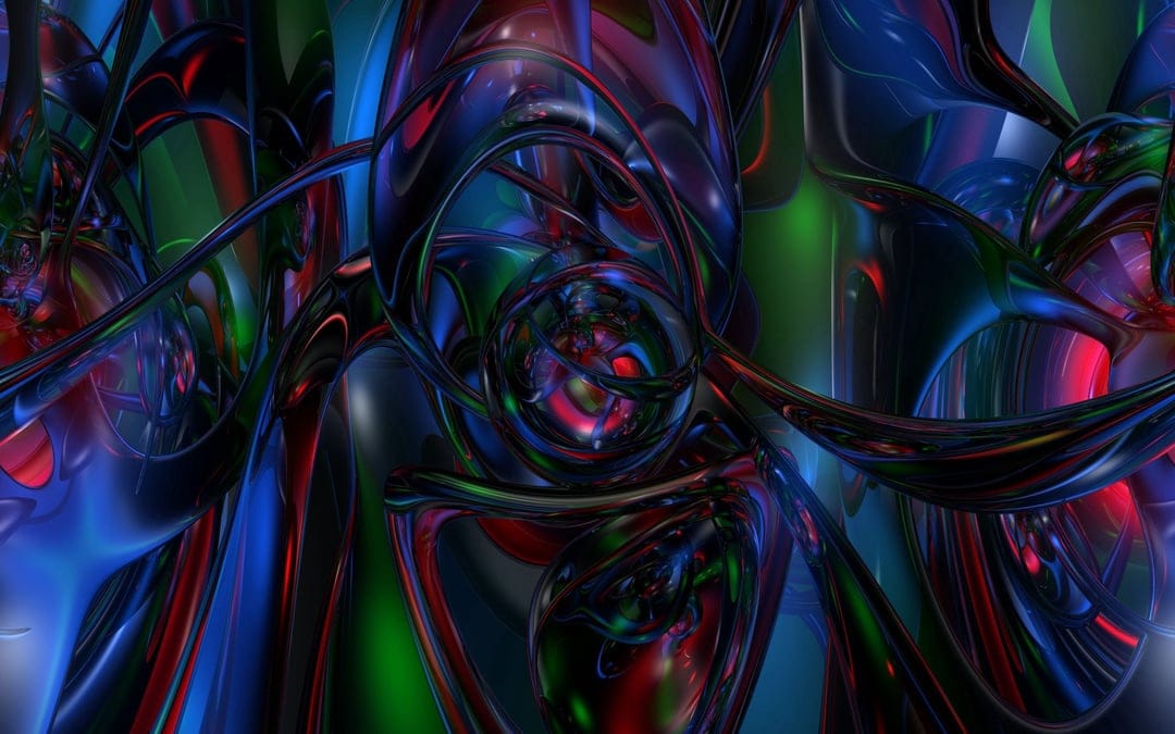 Bioluminescent fluid swirls in neon red, blue, and green glow with glossy reflective glass light refractions.