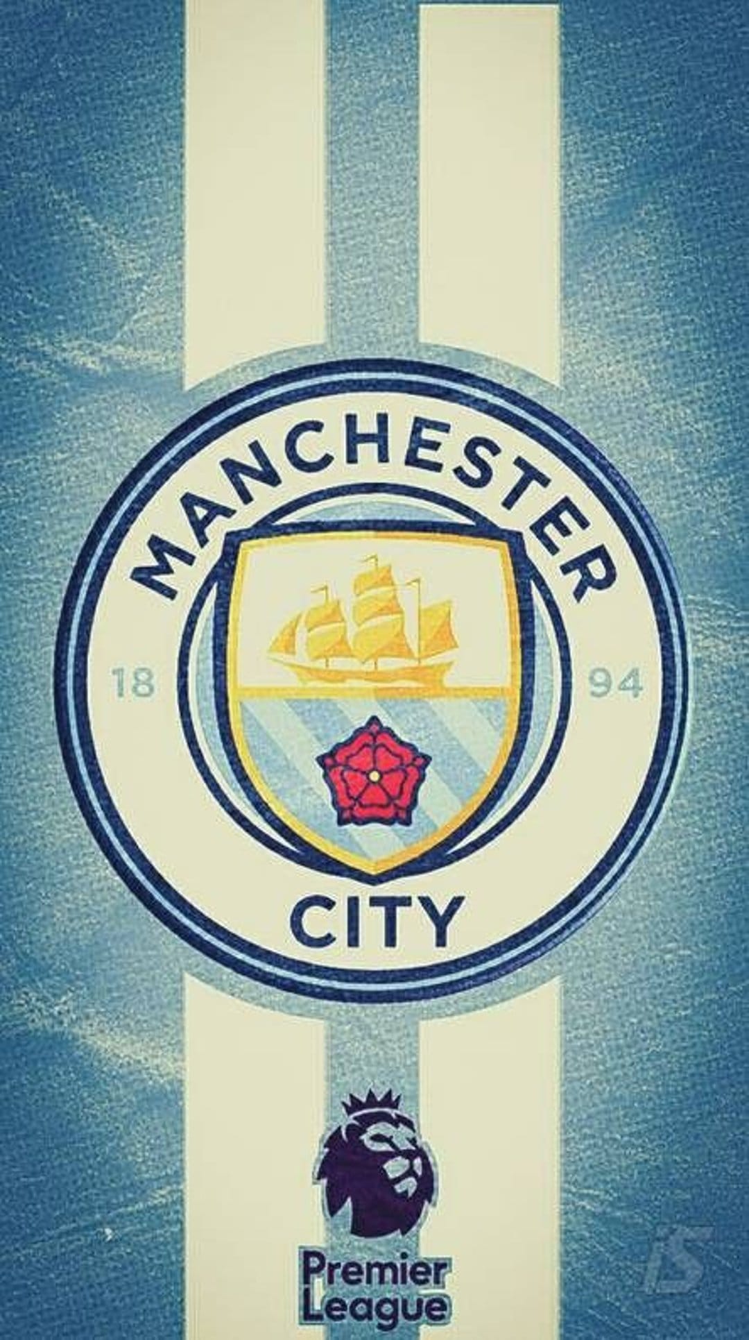 Manchester City football club crest and Premier League lion logo centered on sky blue and white vertical stripes.