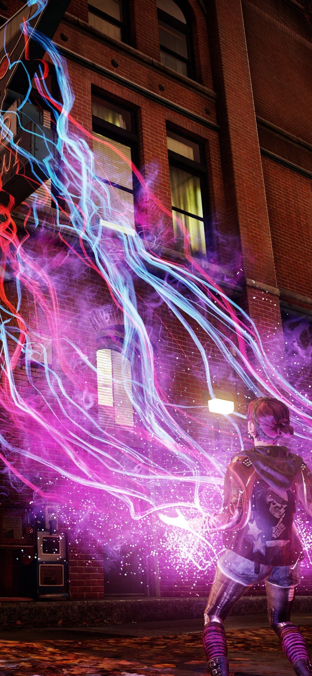 Fetch releases glowing pink and blue neon energy trails against a tall red brick building in a dark urban alley.