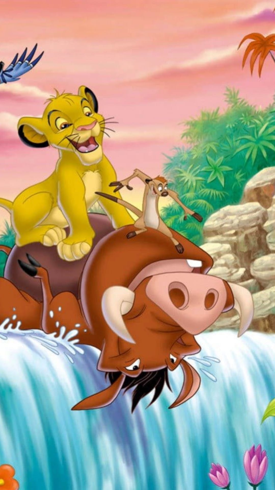 Simba sits on Pumbaa with Timon near a rushing waterfall surrounded by dense jungle greenery and a soft sky.