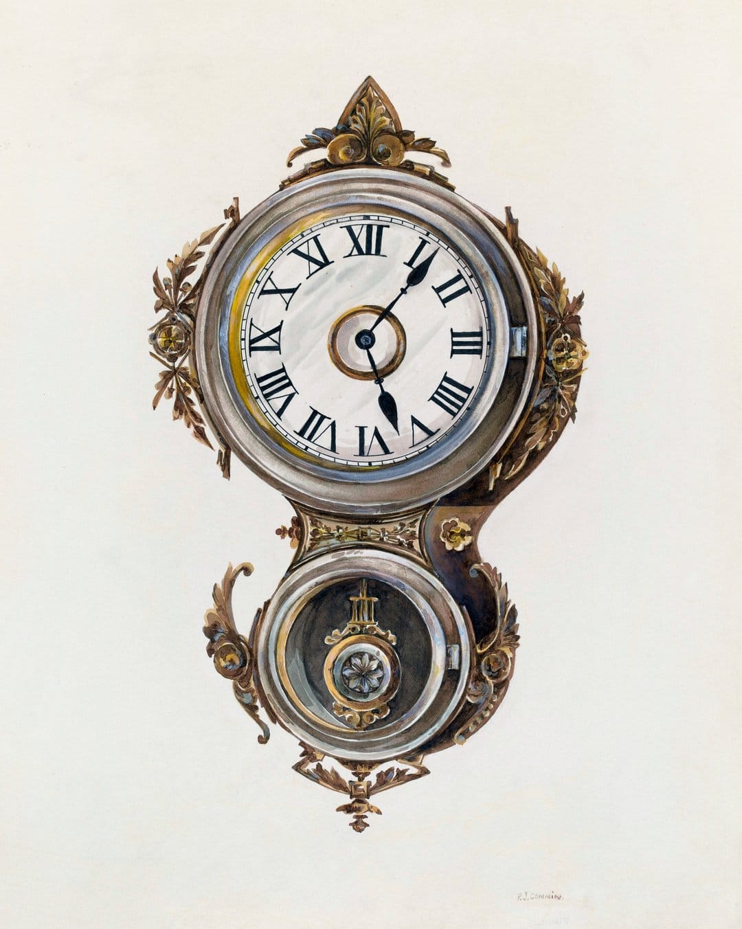 Ornate gold wall clock with Roman numerals and floral scrollwork sits above a decorative metallic pendulum.