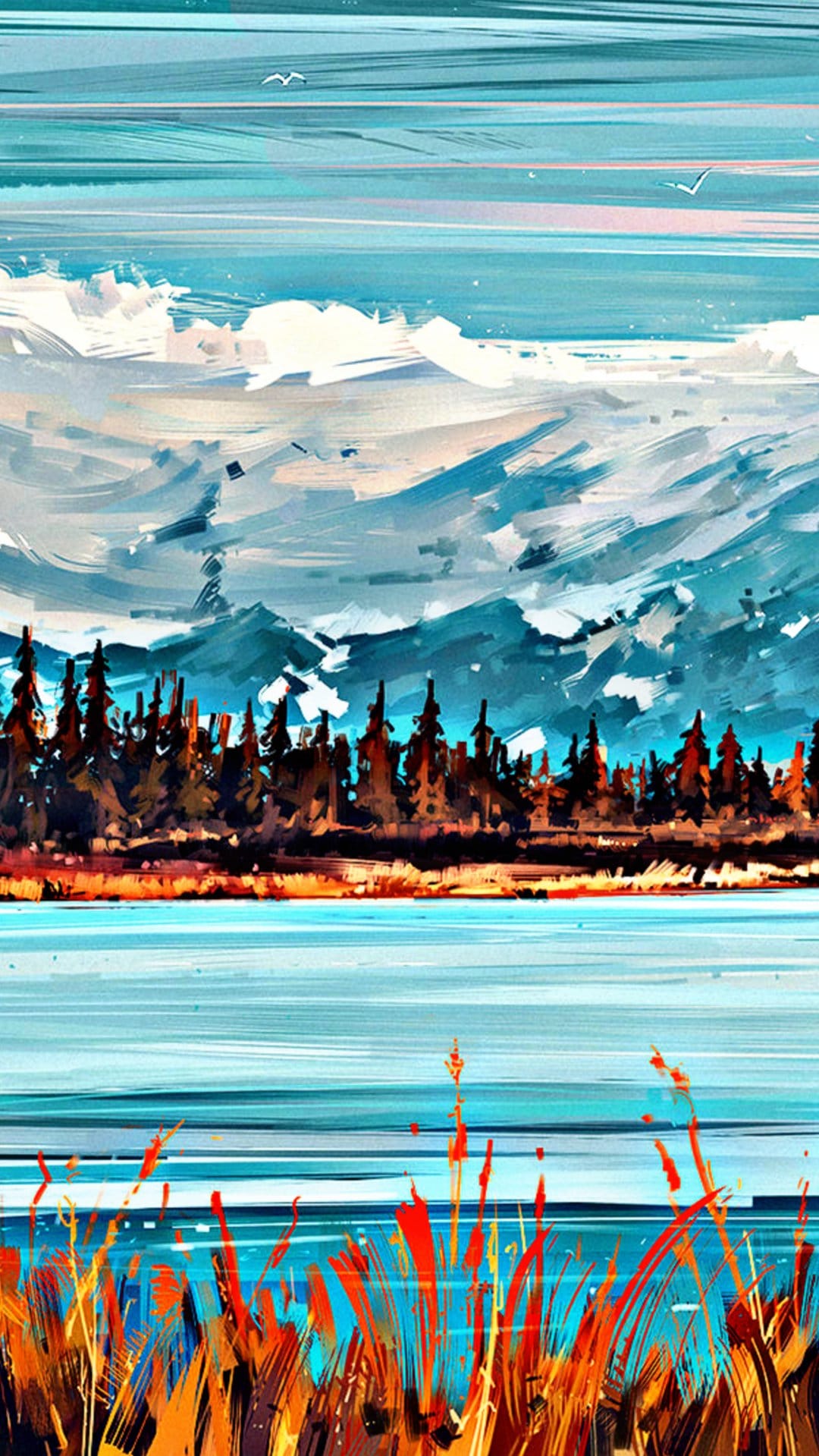 Vibrant reeds foreground a serene blue lake with snowy mountain peaks and distant birds in a cloudy sky.