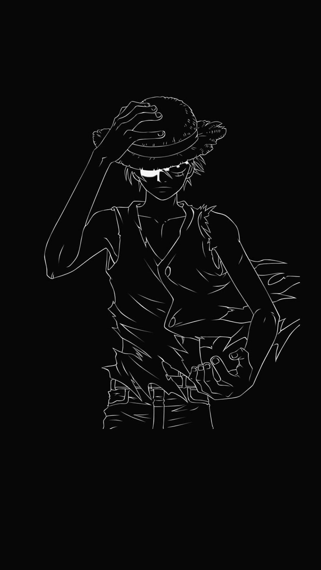 Monkey D. Luffy adjusts his straw hat in white line art against a dark, solid black background.