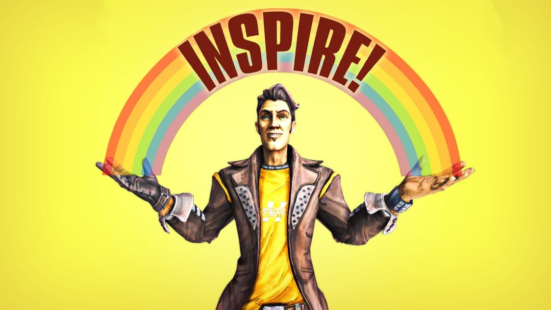 Handsome Jack from Borderlands posing with a rainbow and the word INSPIRE! over a solid yellow background.