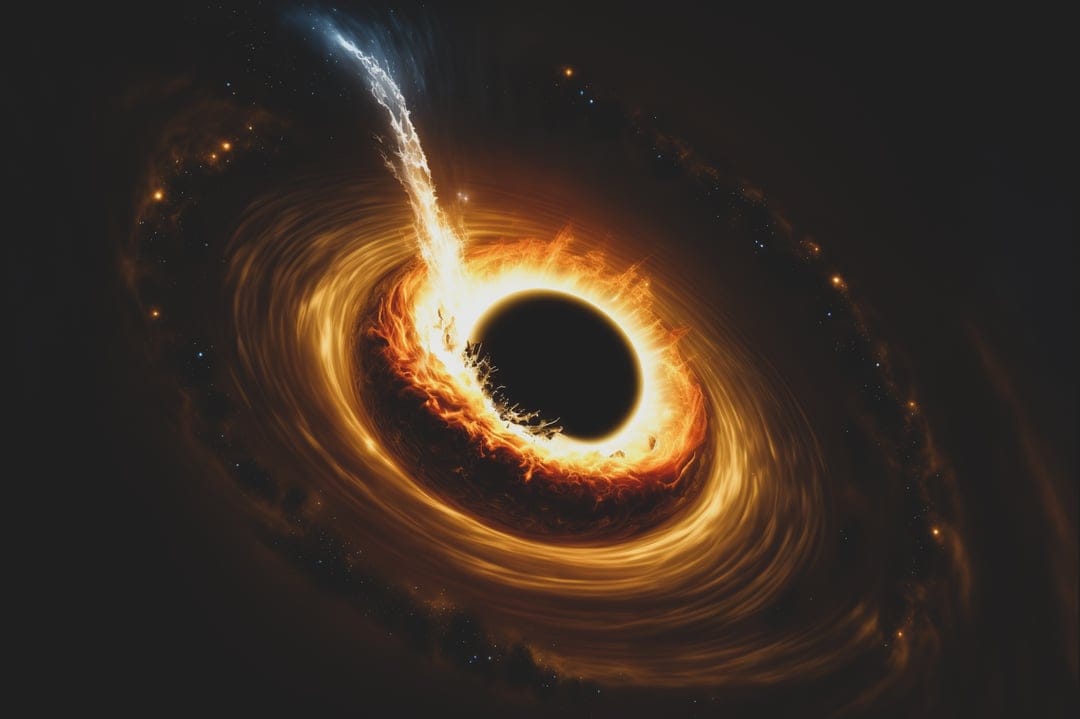 Black hole with a radiant gold accretion disk and a vertical blue energy beam against a dark starry background.