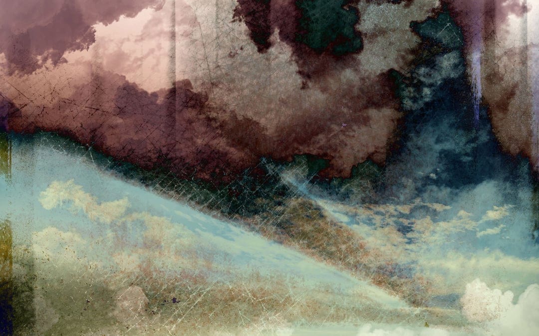 Weathered burgundy and teal clouds form a dramatic diagonal pattern with soft pink and yellow light accents.
