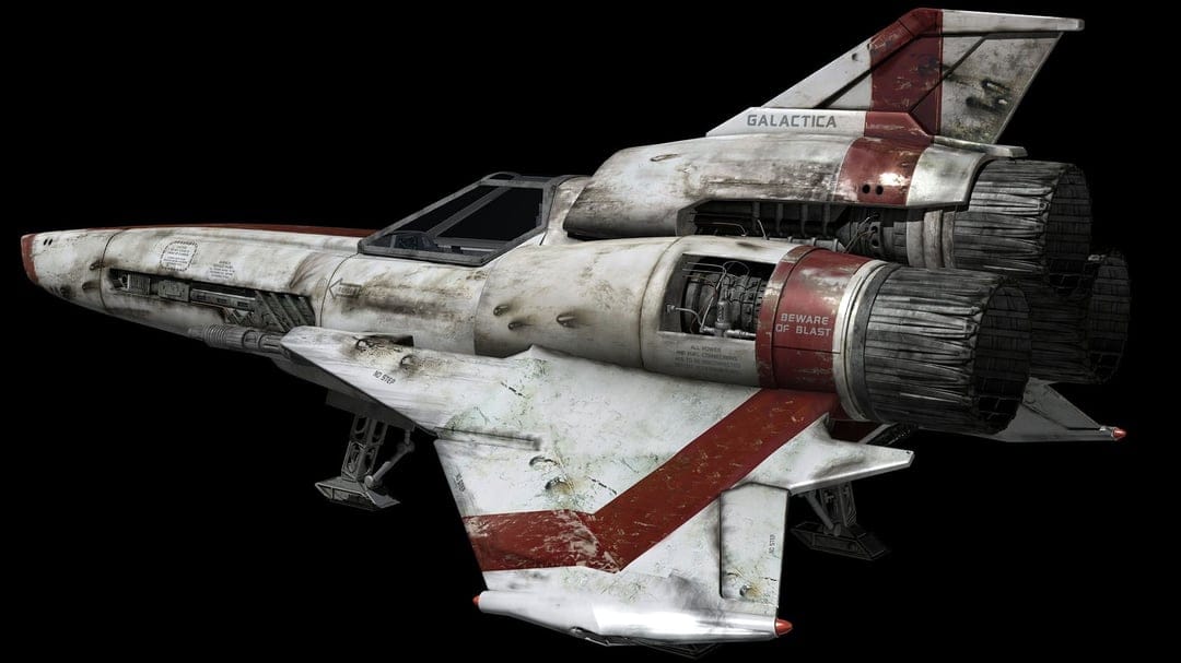 Battlestar Galactica Viper Mk II starfighter with red stripes and weathered white hull on a black background.