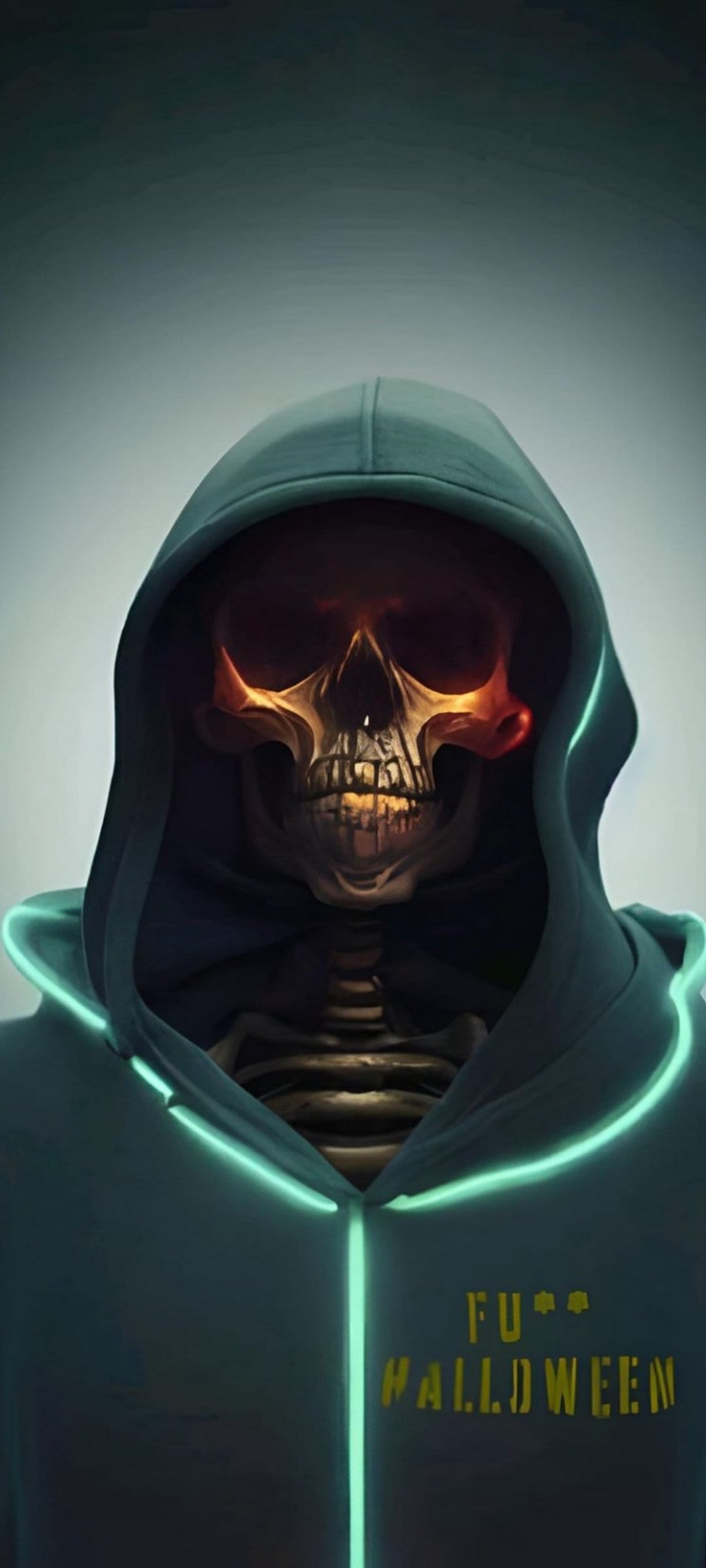 Skeleton wearing a dark hoodie with glowing orange eyes and neon green trim featuring yellow text on the chest.