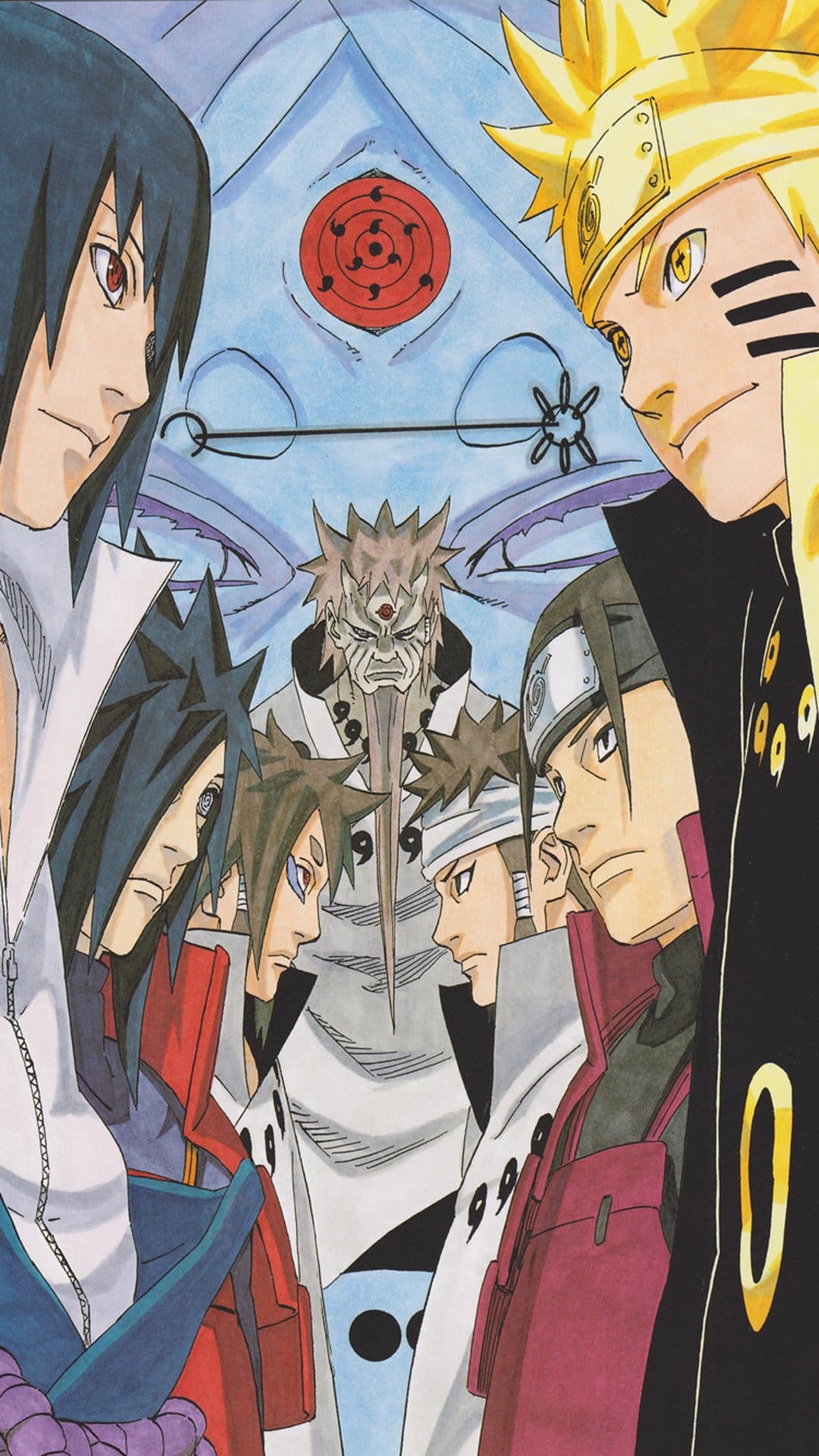 Naruto, Sasuke, Madara, and Hashirama face forward against a large purple Rinnegan eye symbol background.