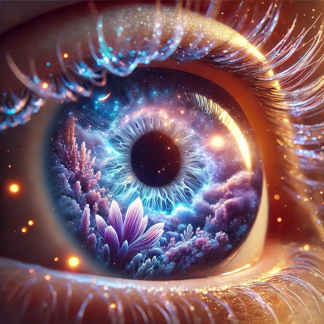 Human eye iris containing a vibrant nebula, glowing cosmic flowers, and a crescent moon with glitter lashes.