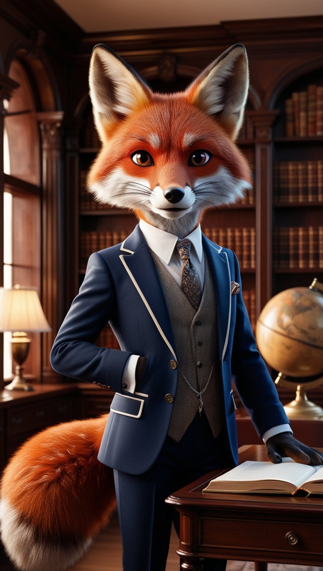 Red fox in a blue suit and grey vest stands in a library with mahogany bookshelves and a gold globe nearby.