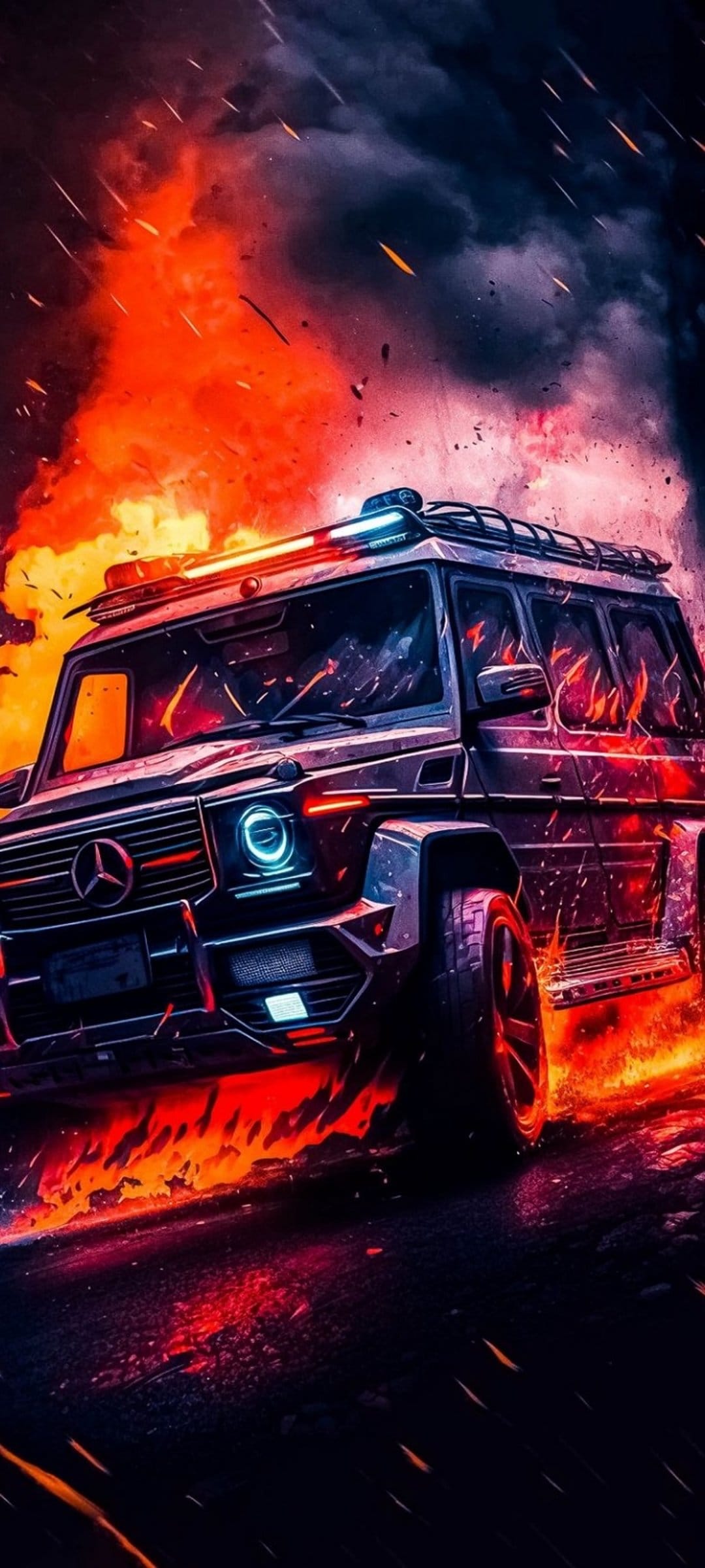 Mercedes G-Wagon emerging from a massive orange fire explosion with flying sparks against a dark night sky.