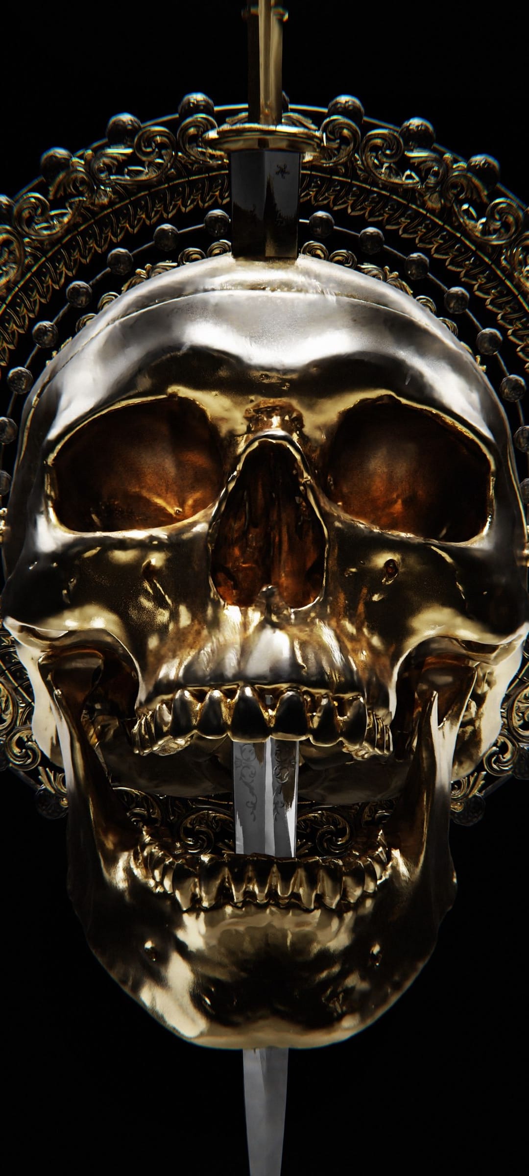 Gold skull with ornate filigree engravings impaled by a polished sword on a solid black vertical backdrop.