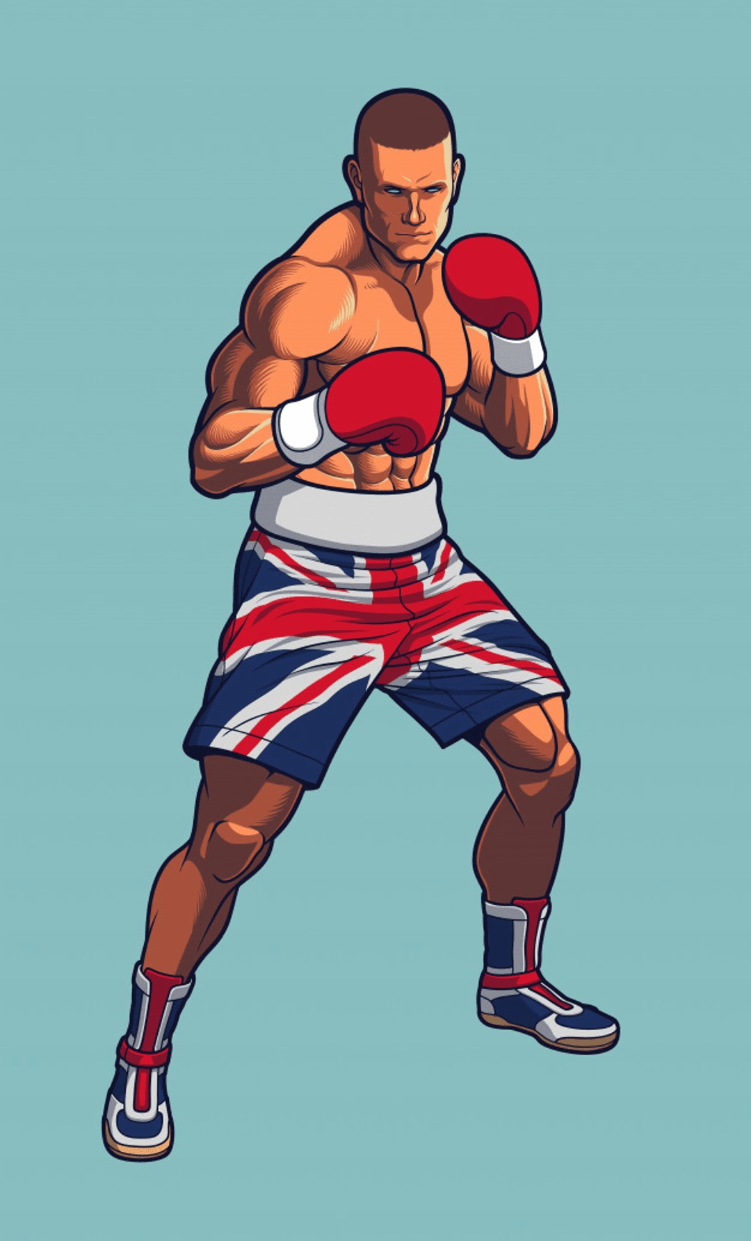 Muscular boxer wearing Union Jack shorts and red gloves poses against a light blue background in a fighting stance.