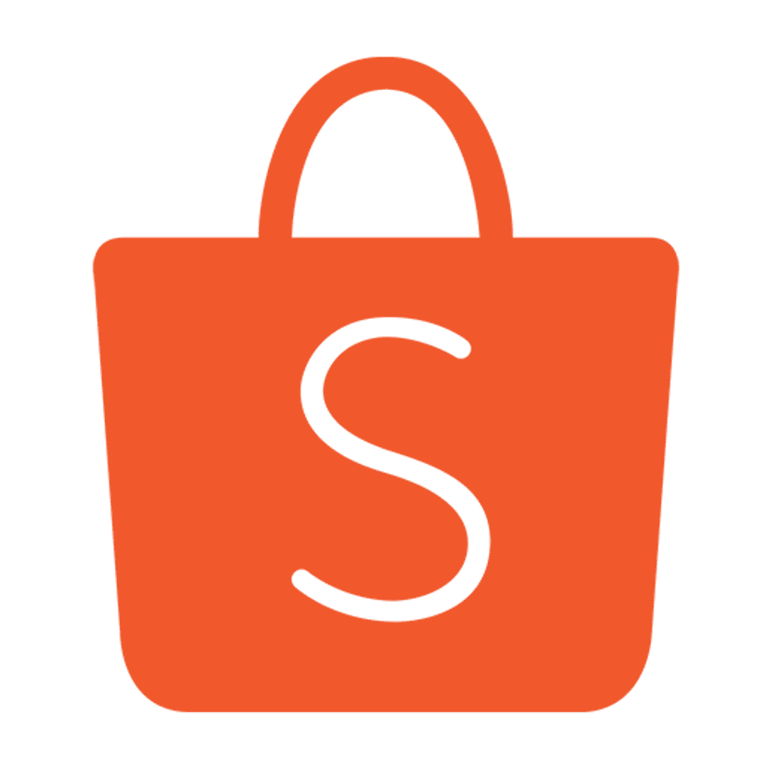 Shopee logo featuring an orange shopping bag silhouette with a white letter S inside on a clear backdrop.