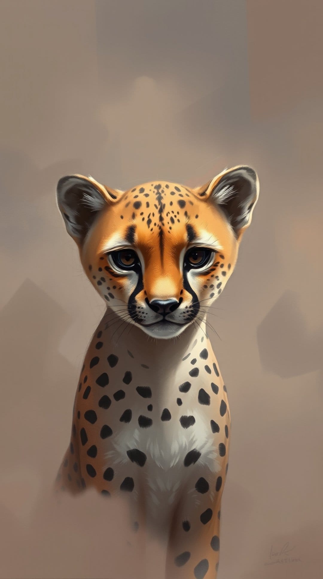Cheetah cub with sad brown eyes and black tear marks against a blurred desert background in a portrait view.