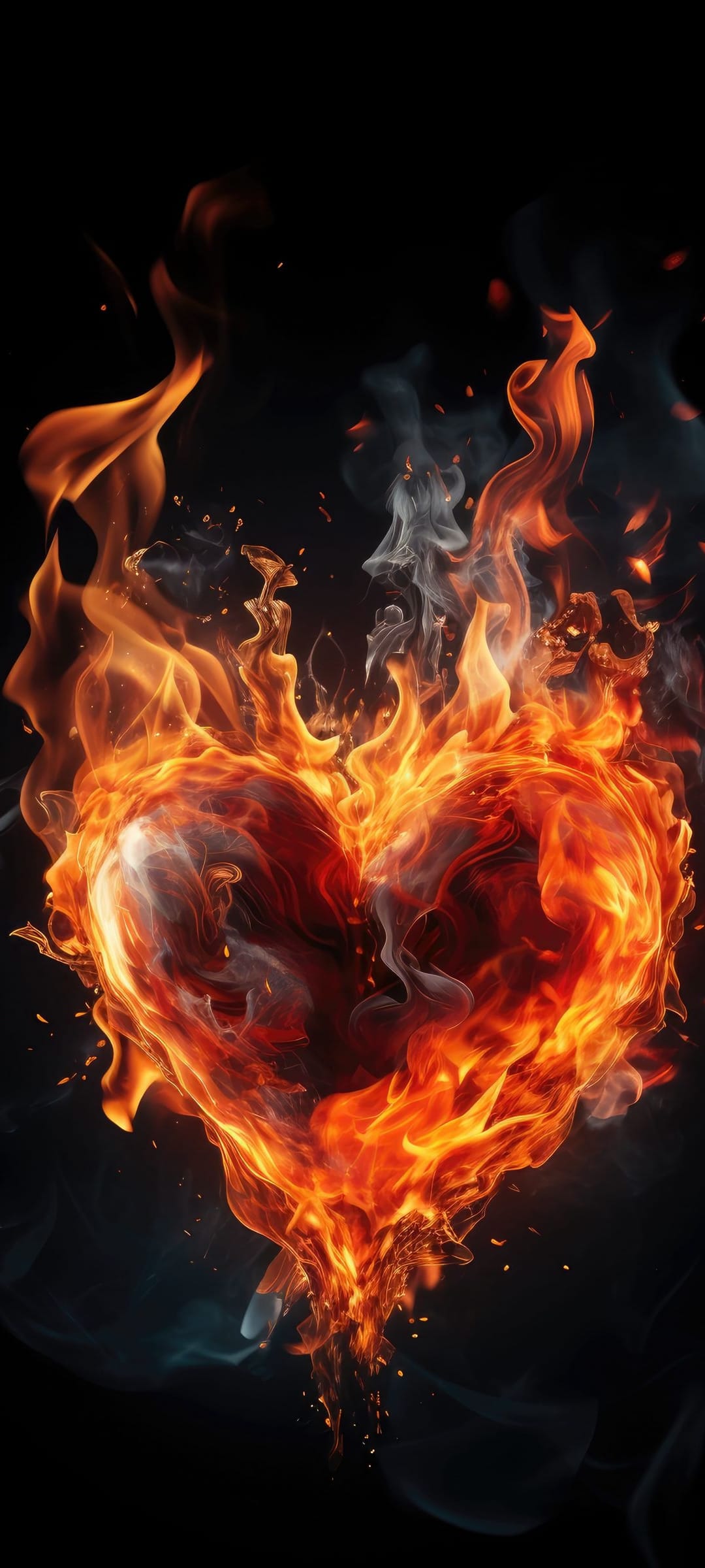 Glowing heart made of realistic orange and red flames against a black backdrop for a high-contrast visual effect.