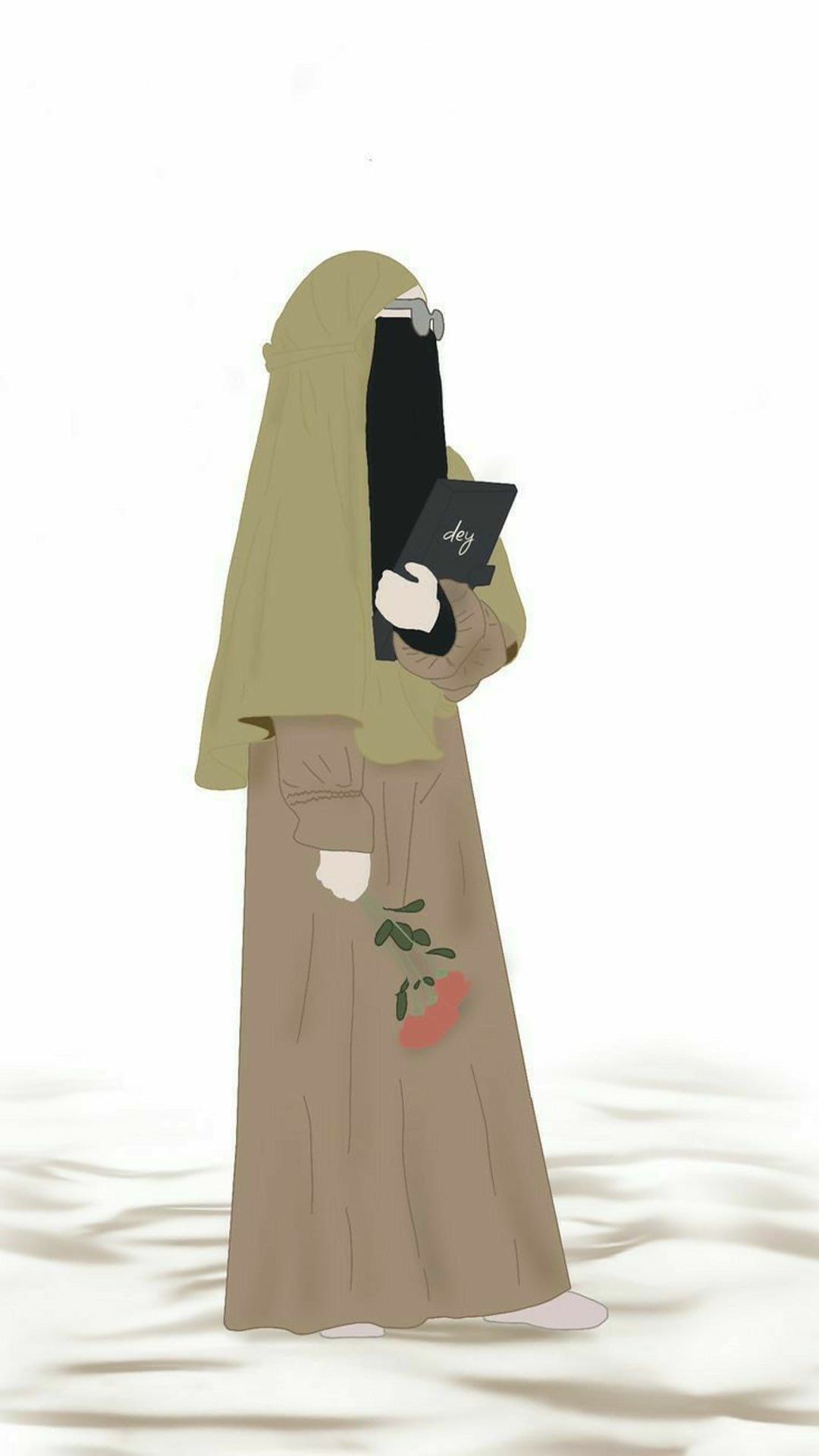 Woman wearing a brown niqab and hijab holds a single rose and a digital tablet against a white sandy background.