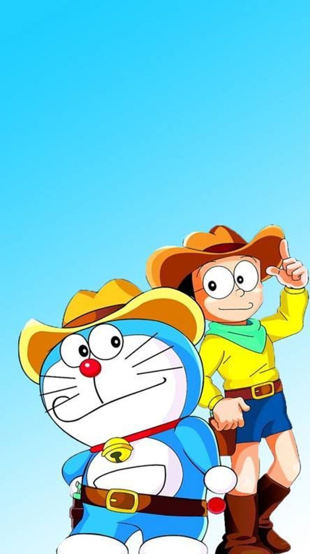 Doraemon and Nobita stand together wearing cowboy hats, boots, and a red neckerchief on a light blue background.