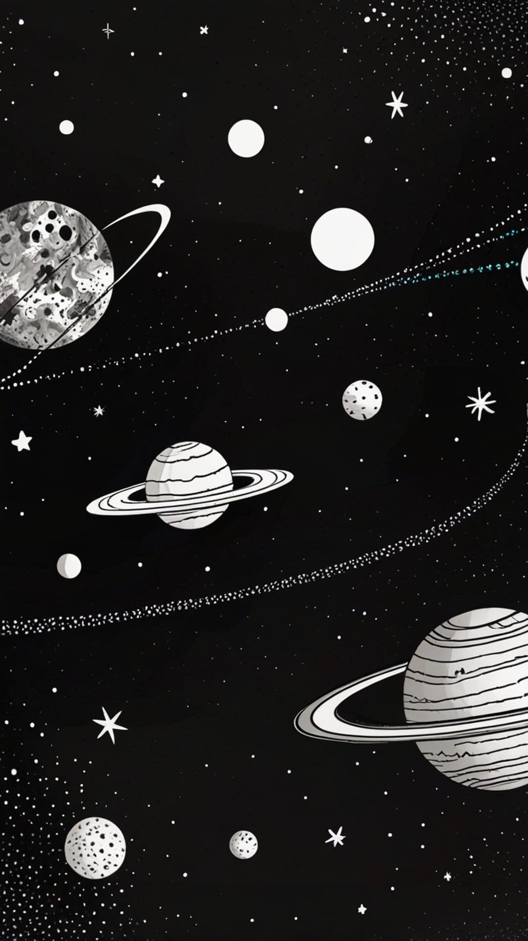 Cratered moons and ringed planets float within a dense field of stars in a black and white celestial landscape.