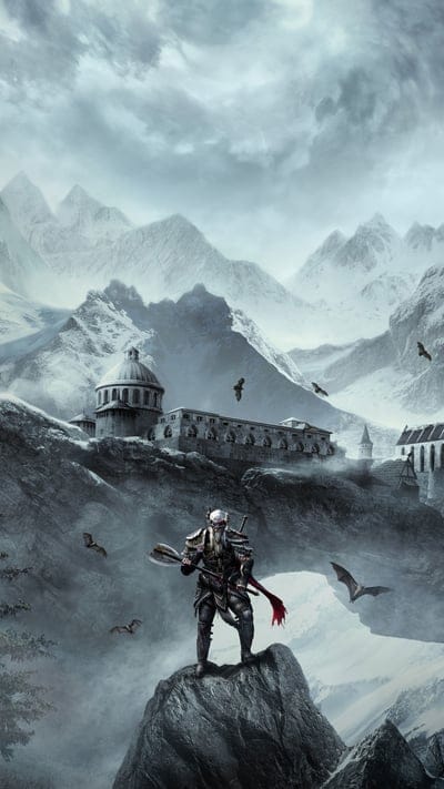 Fantasy, warrior, snowy mountains, castle, axe, digital art, gothic, adventure, sentinel, fortress, bats, mythical creatures, epic, desolate, ice, dark fantasy, concept art, towering peaks, ancient architecture, winter landscape