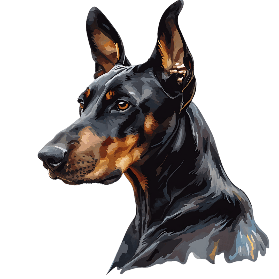 Doberman Pinscher digital portrait shows alert ears and amber eyes with painterly black and tan fur textures.