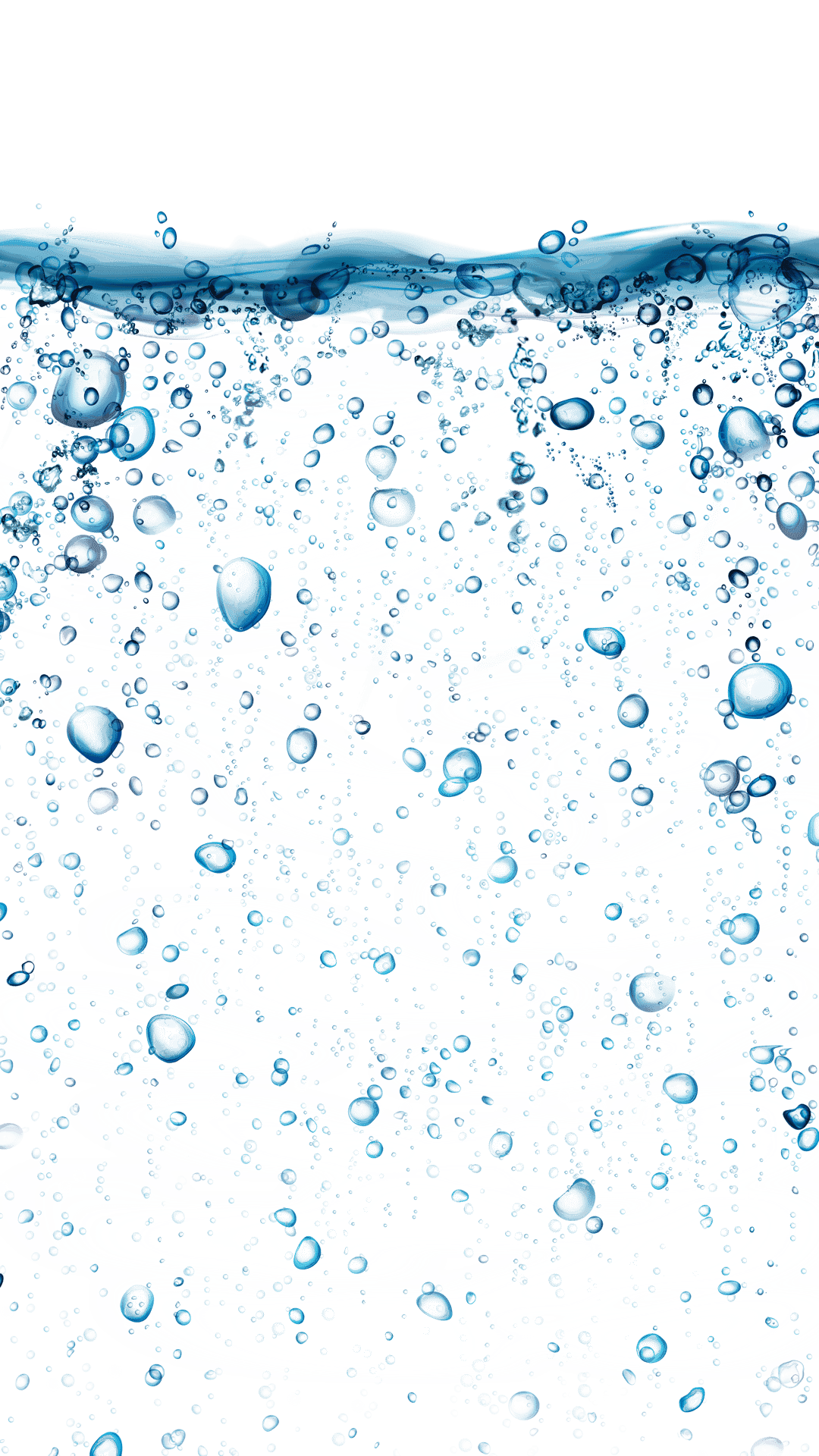 Blue liquid oxygen bubbles and transparent water droplets floating in a group with realistic reflections.