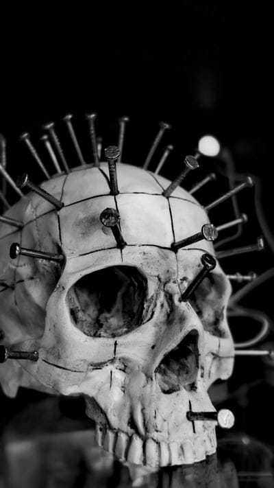PINHEAD, black, black and white,skull,white