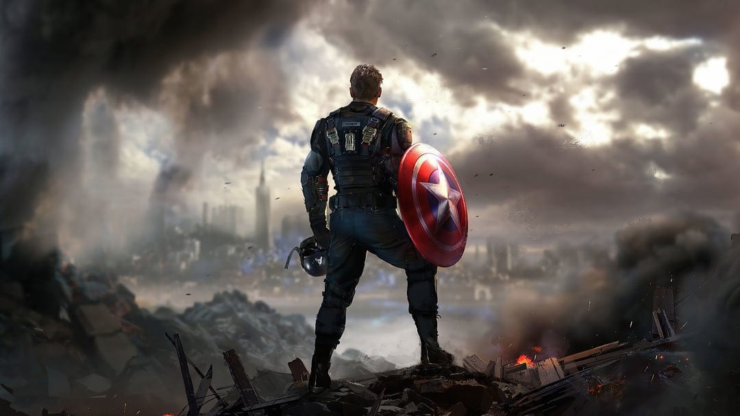 Captain America seen from behind holding a star shield while standing on rubble overlooking a ruined city.