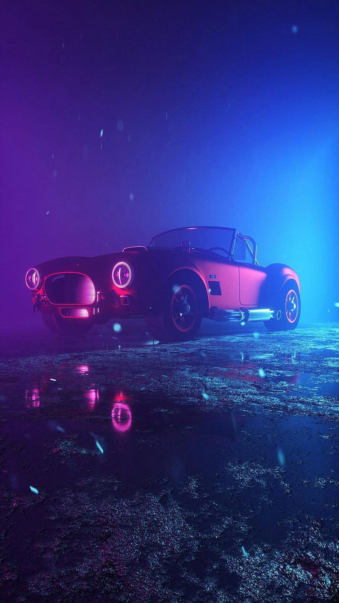 Classic convertible sports car reflecting pink and blue neon lights on a wet asphalt surface at night.