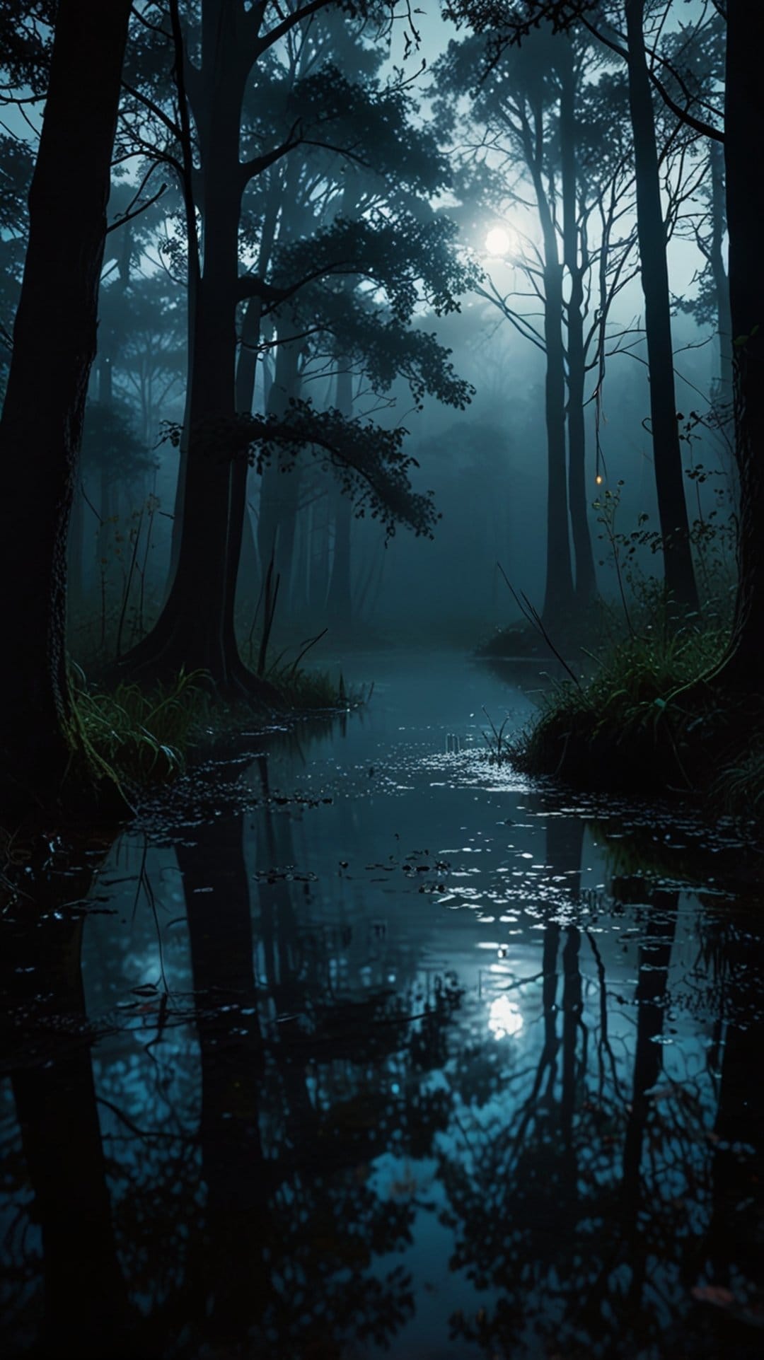 Moonlit forest creek with glowing reflections on the water surface amidst misty dark trees and fog at night.