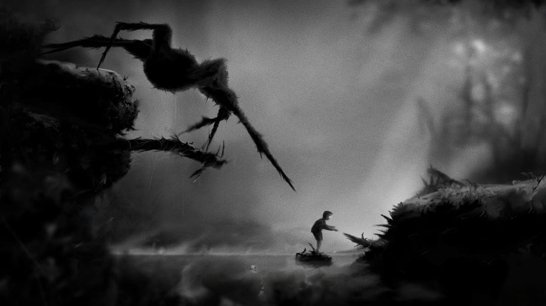 Small boy with glowing eyes faces a massive silhouette spider in a dark, foggy, high-contrast forest scene.
