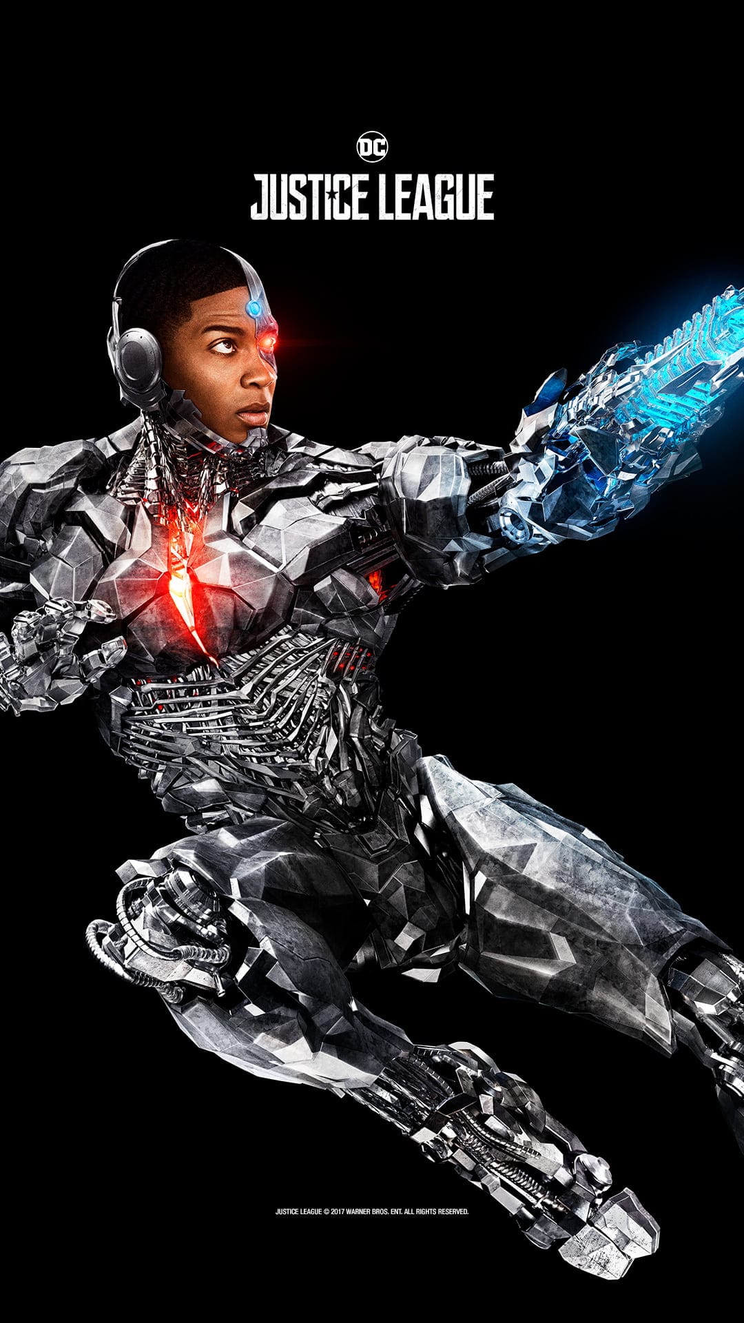 Cyborg stands in silver armor with a glowing red eye and sonic cannon against a dark cinematic background.