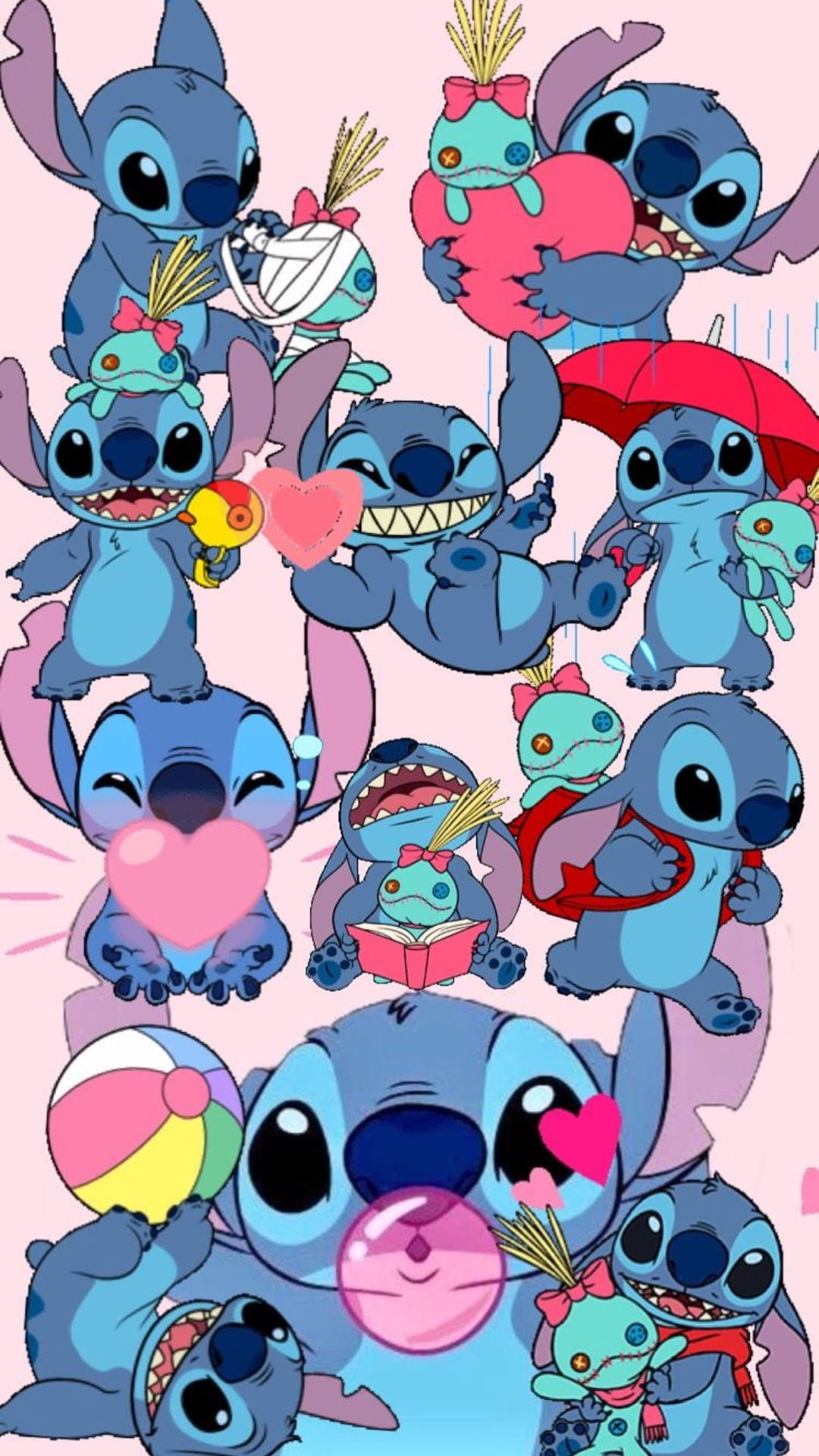 Stitch holds a plush toy and pink hearts in a multi-image collage set against a soft pastel rose background.