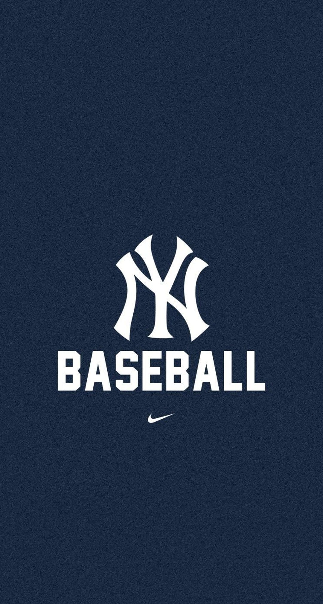 White New York Yankees NY logo and baseball text centered on a dark blue textured background with a small swoosh.